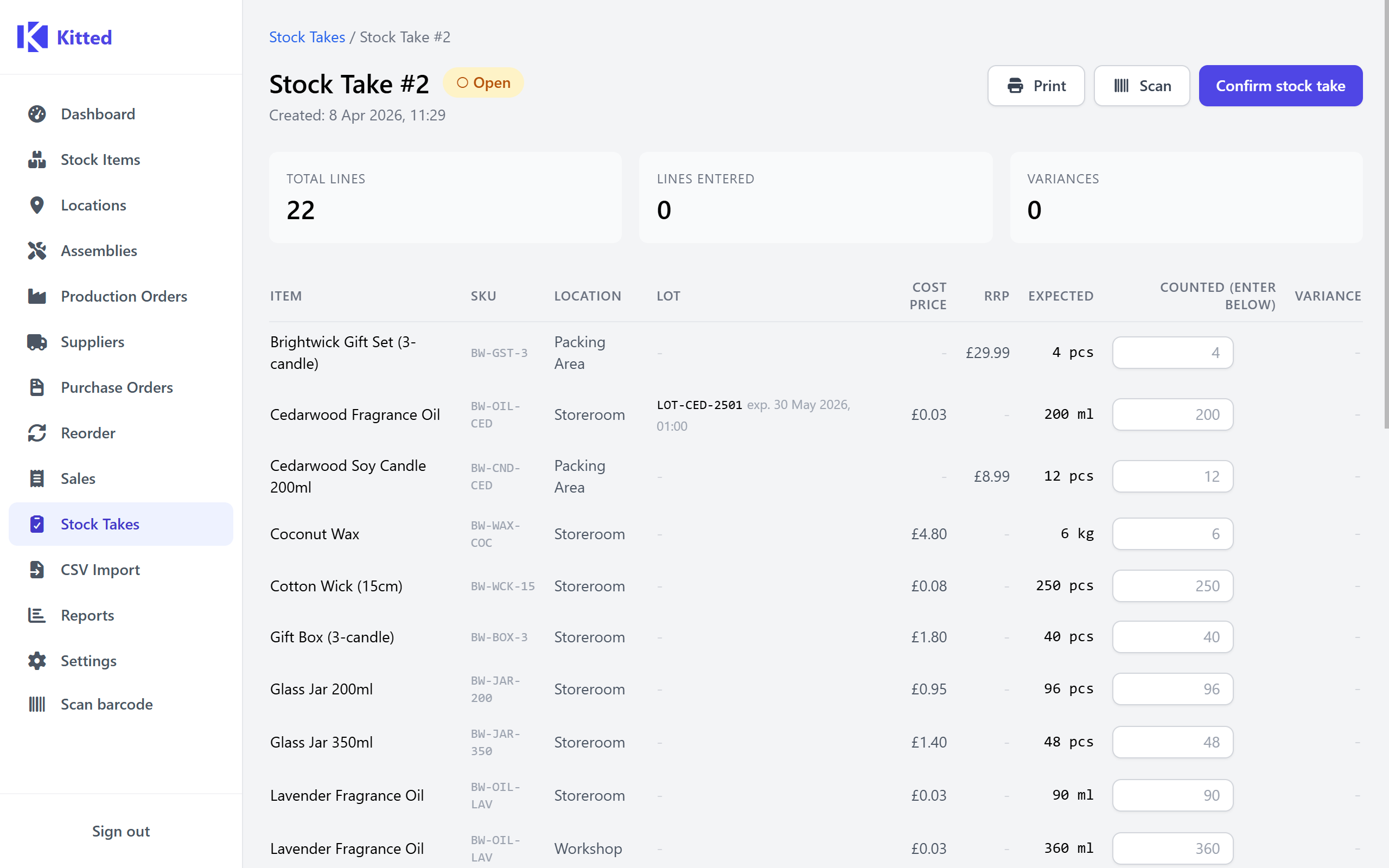 An open stock take showing count input fields, lot columns, and the live variance summary